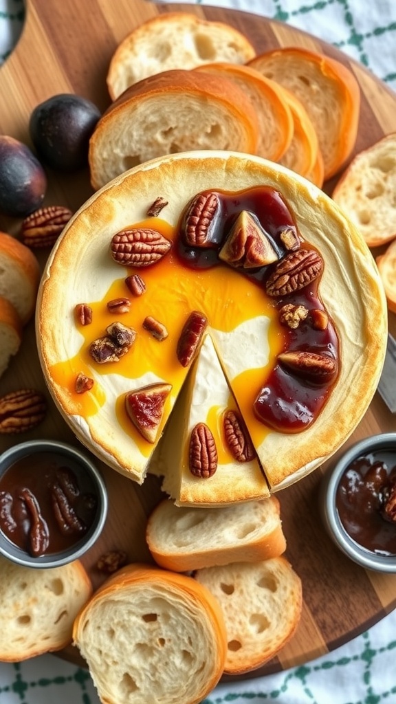 Baked Brie topped with fig jam and pecans on a wooden board with sliced baguette.